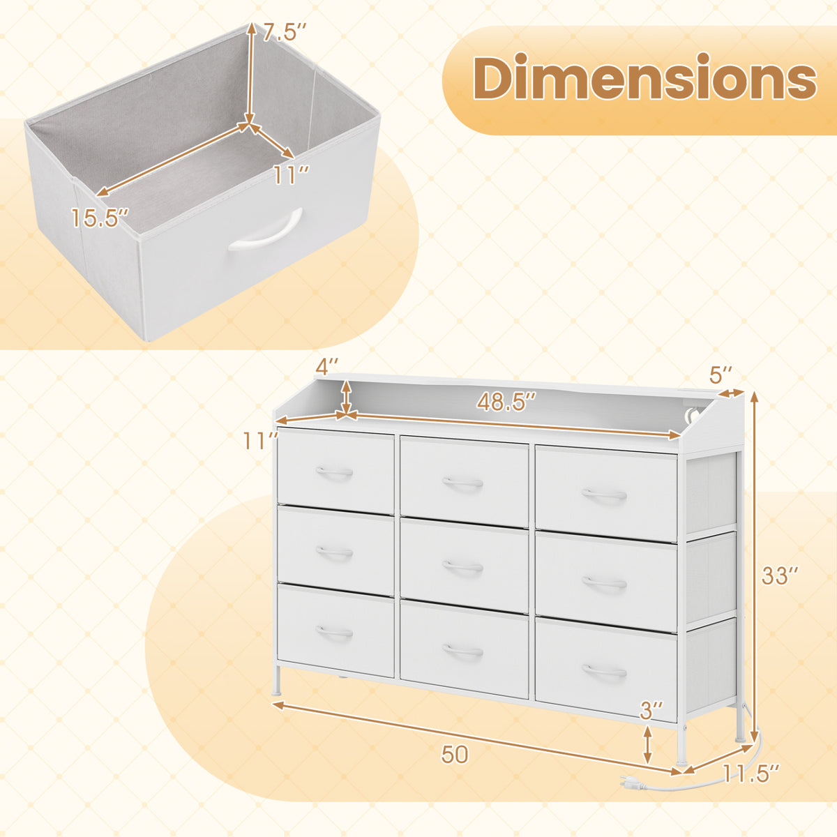 Storage Organizer with LED Lights and 9 Fabric Drawers for Bedroom-White