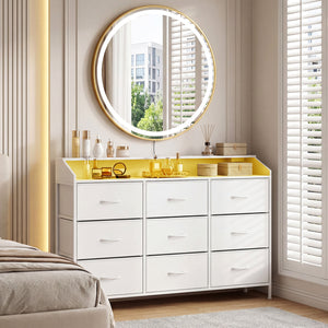 Storage Organizer with LED Lights and 9 Fabric Drawers for Bedroom-White