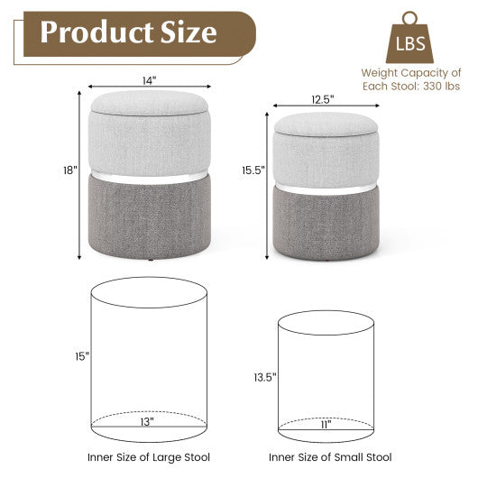 Velvet/Linen Fabric Storage Ottoman Set of 2-Gray