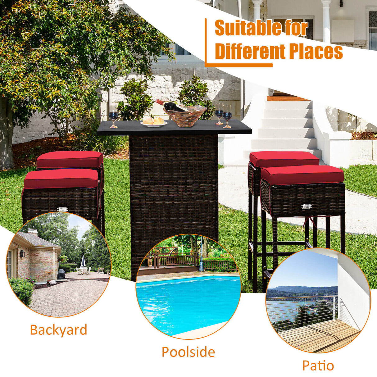 5 Pieces Patio Rattan Bar Table Stool Set Hidden Storage Shelf Cushioned-White