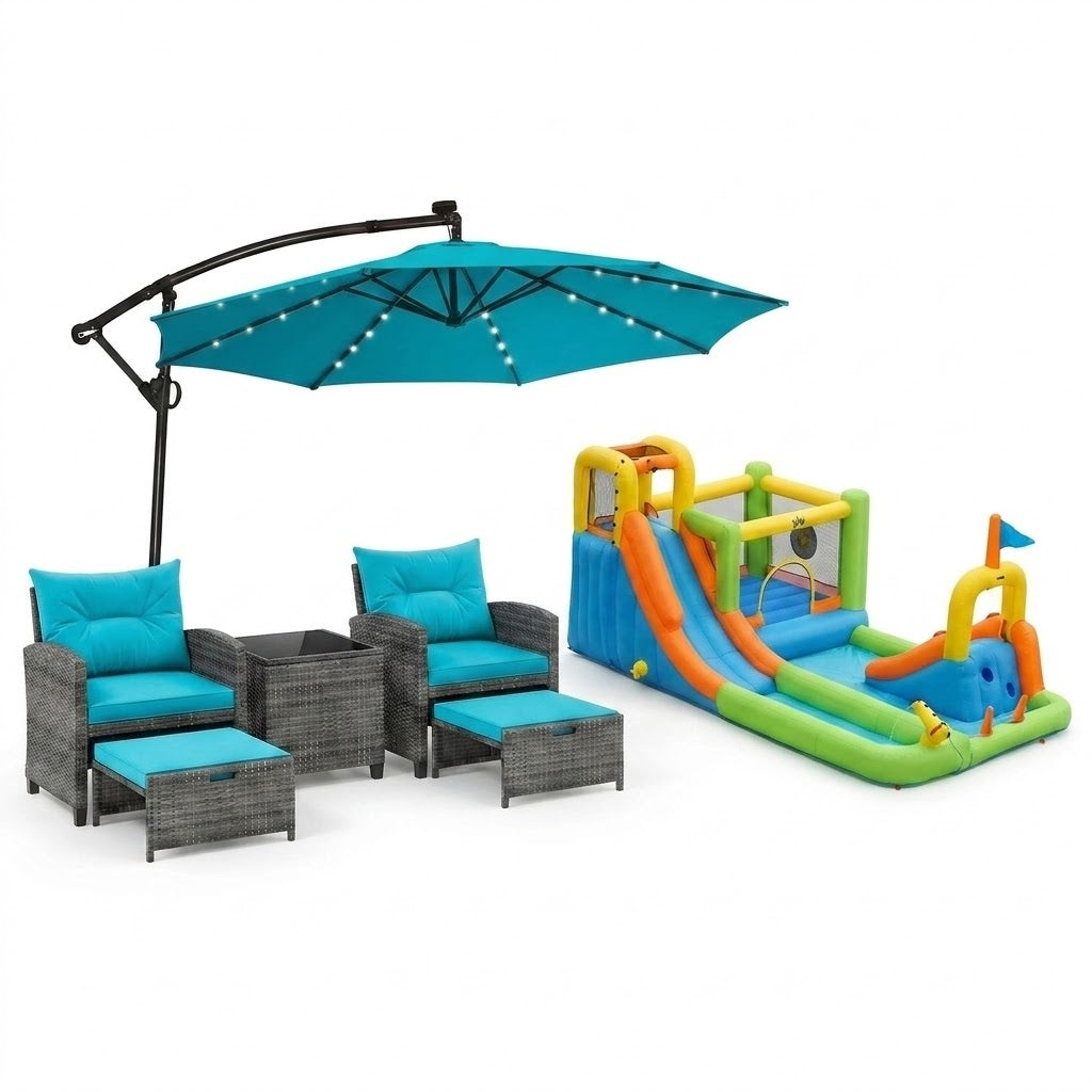 Summer Patio Luxury Bundle: 5-Pc Rattan Furniture Set  8-in-1 Water Slide & 10ft LED Offset Umbrella