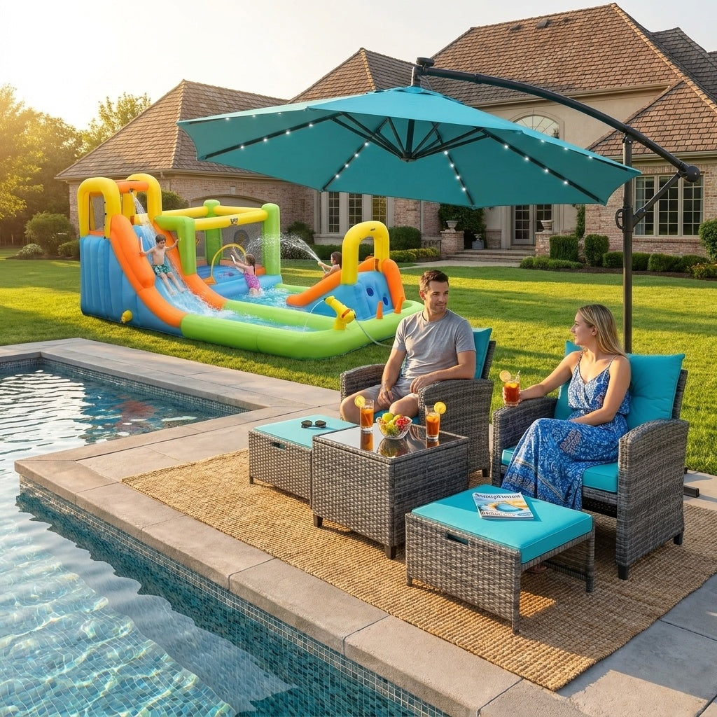 Summer Patio Luxury Bundle: 5-Pc Rattan Furniture Set  8-in-1 Water Slide & 10ft LED Offset Umbrella