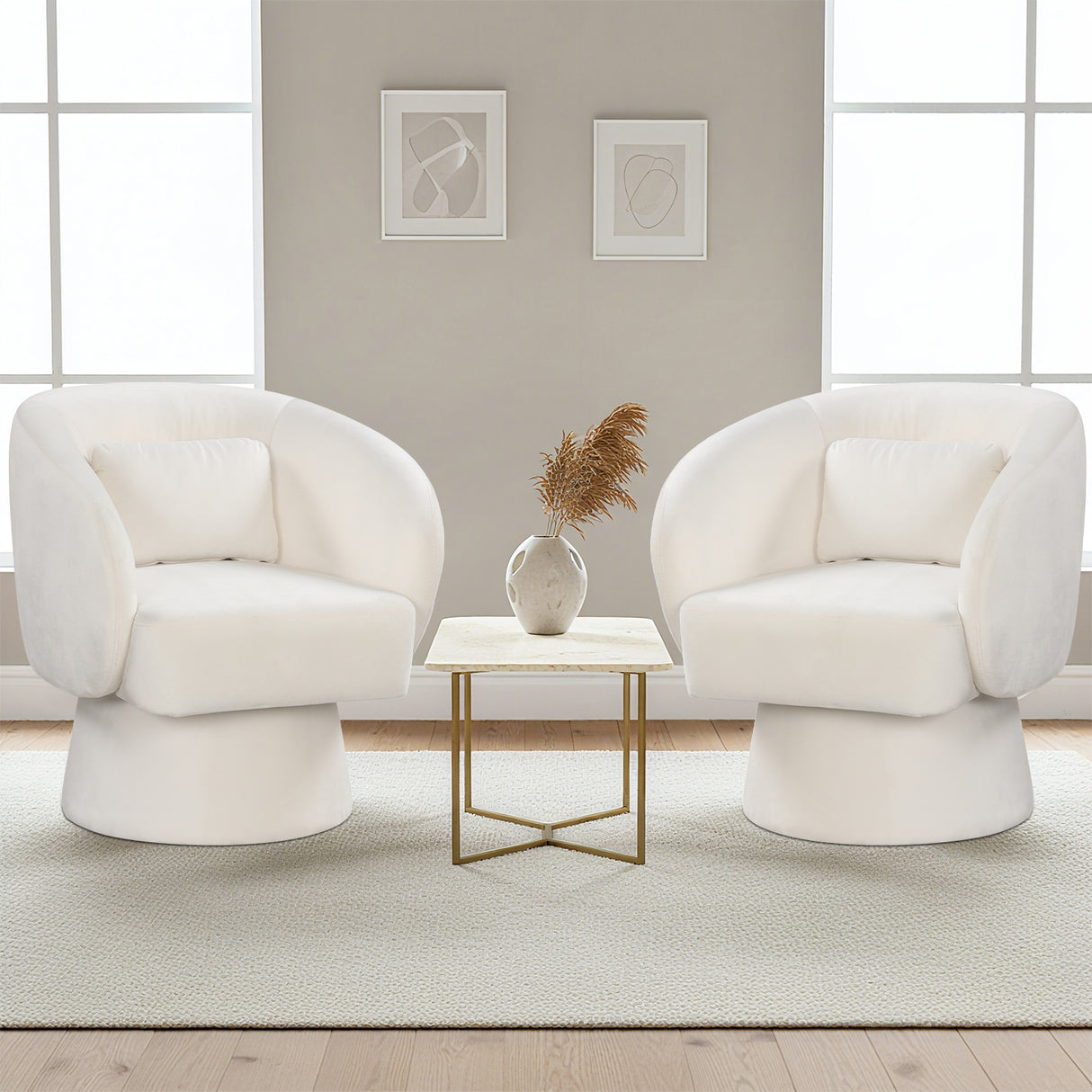 Swivel Accent Chair Upholstered Barrel Chair with Curved Back and Removable Lumbar Pillow-Beige
