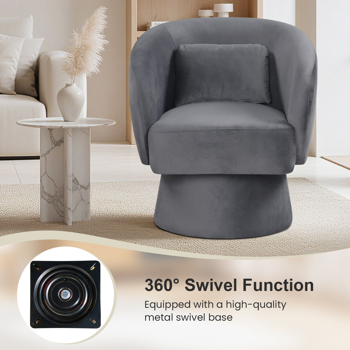 Swivel Accent Chair Upholstered Barrel Chair with Curved Back and Removable Lumbar Pillow-Gray