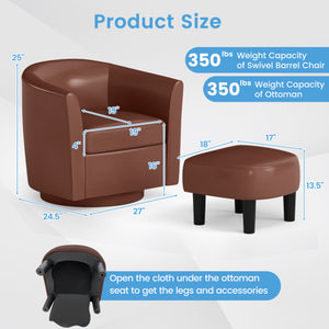 Modern Club Swivel Accent Chair with Ottoman Footrest Curved Backrest-Brown