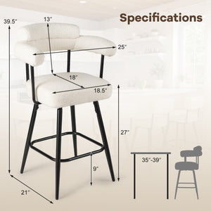 Swivel Bar Stool Set of 2 Counter Height Chairs with Curved Back and Arms-White
