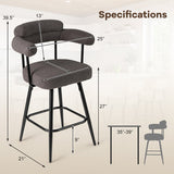 Swivel Bar Stool Set of 2 Counter Height Chairs with Curved Back and Arms-Grey