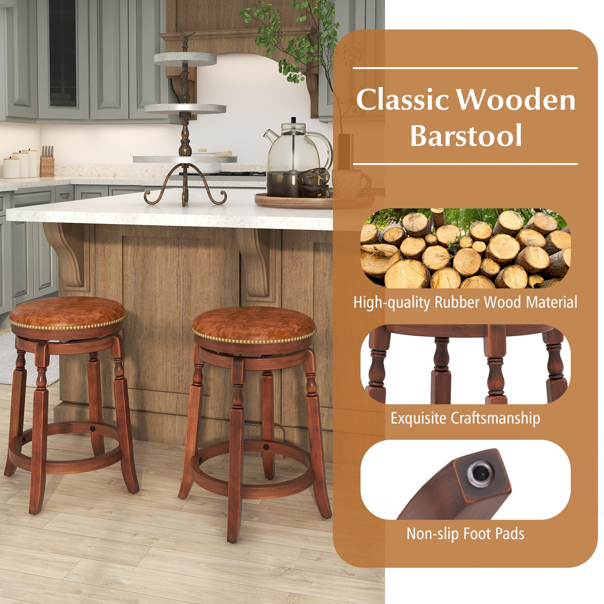 24 Inch Swivel Bar Stool Set of 2 with Upholstered Seat and Rubber Wood Frame-24 inches