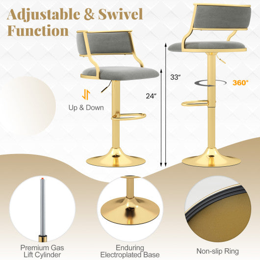 Swivel Bar Stool Set of 2 Dutch Velvet Height Adjustable Island Stools-Grey