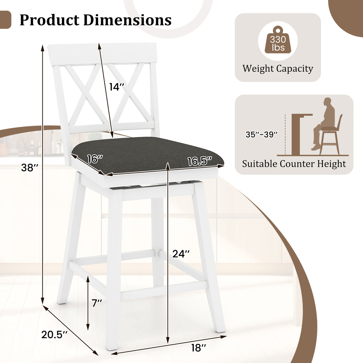 Swivel Bar Stools Set of 4 Counter Height Barstools with Backrest Upholstered Seat Cushion-24 inches