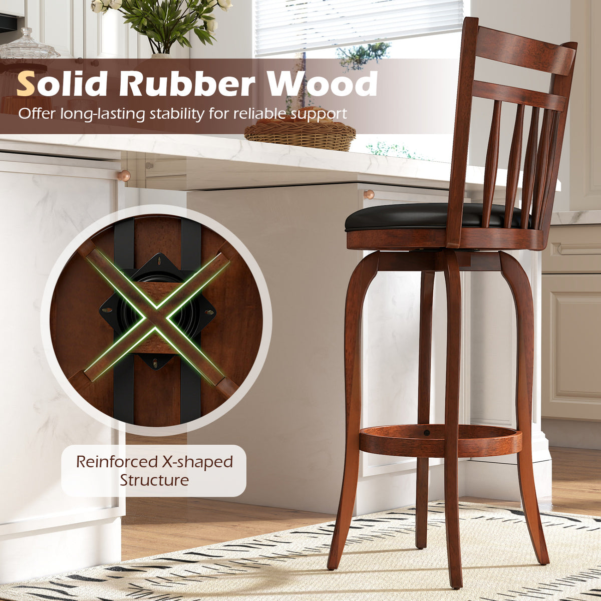 Swivel Bar Stools Set of 2 Counter Height Faux Leather Upholstered Barstools-24 Inches