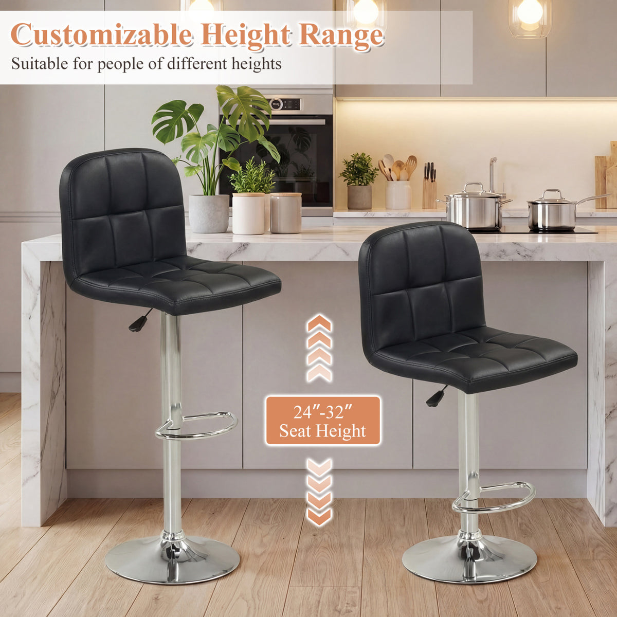 Swivel Bar Stools Set of 2 with Footrests and Metal Base-Black
