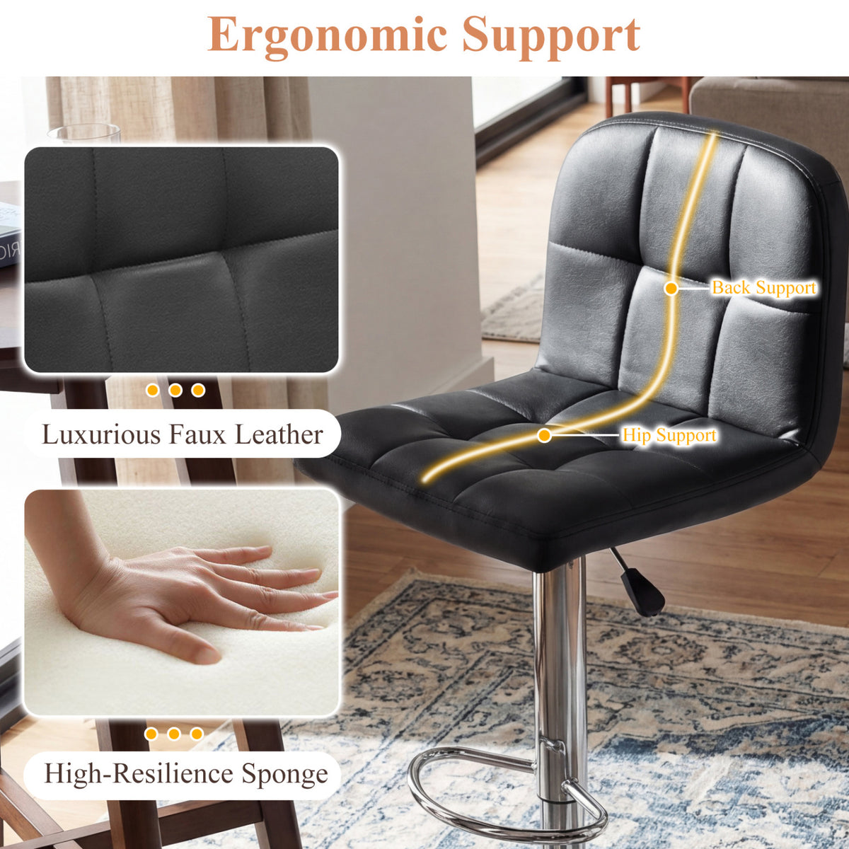 Swivel Bar Stools Set of 2 with Footrests and Metal Base-Black