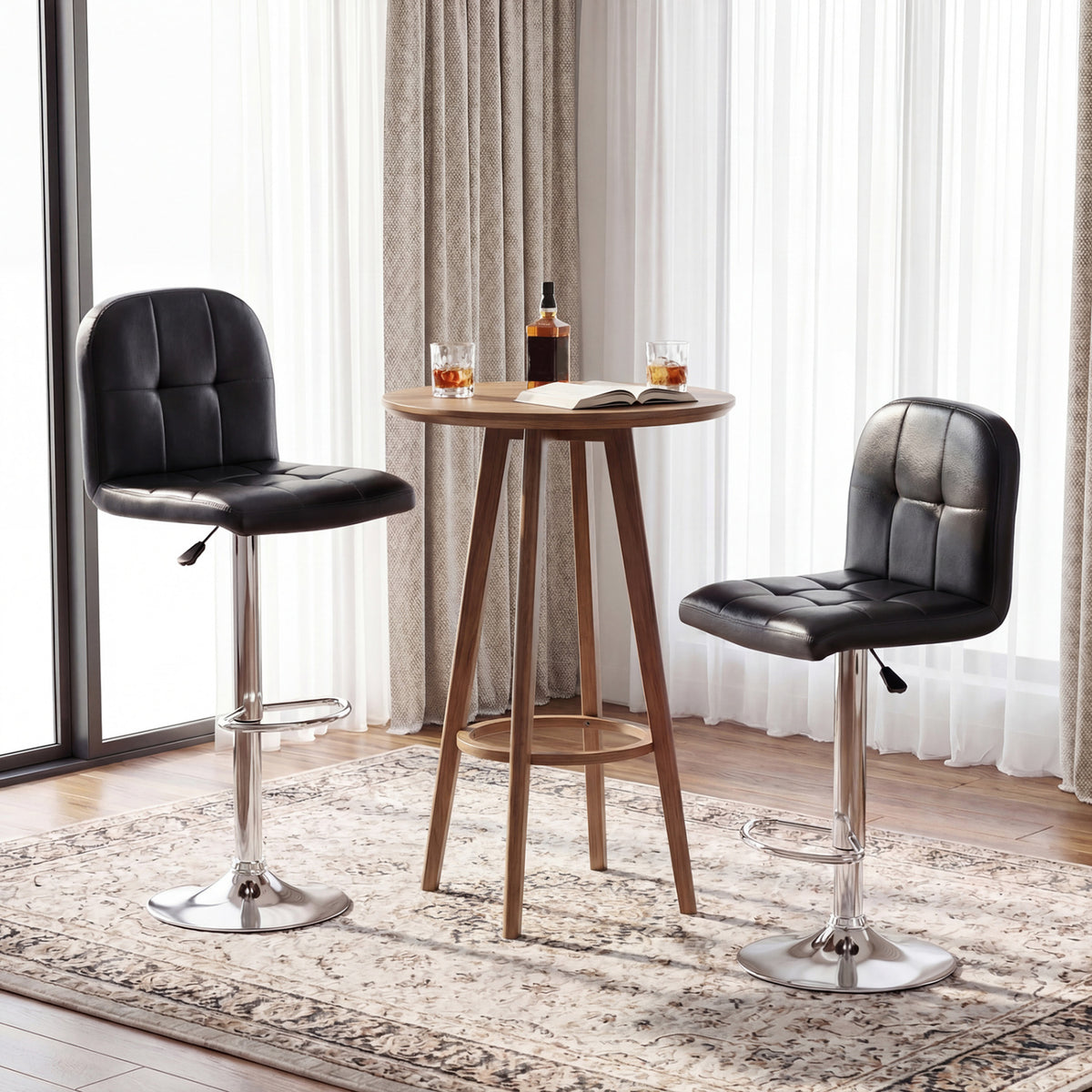 Swivel Bar Stools Set of 2 with Footrests and Metal Base-Black