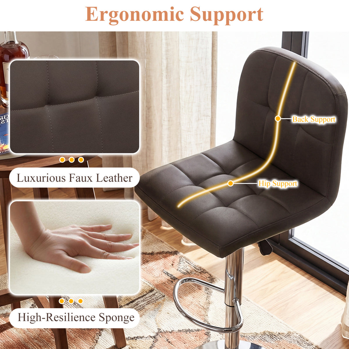 Swivel Bar Stools Set of 2 with Footrests and Metal Base-Brown