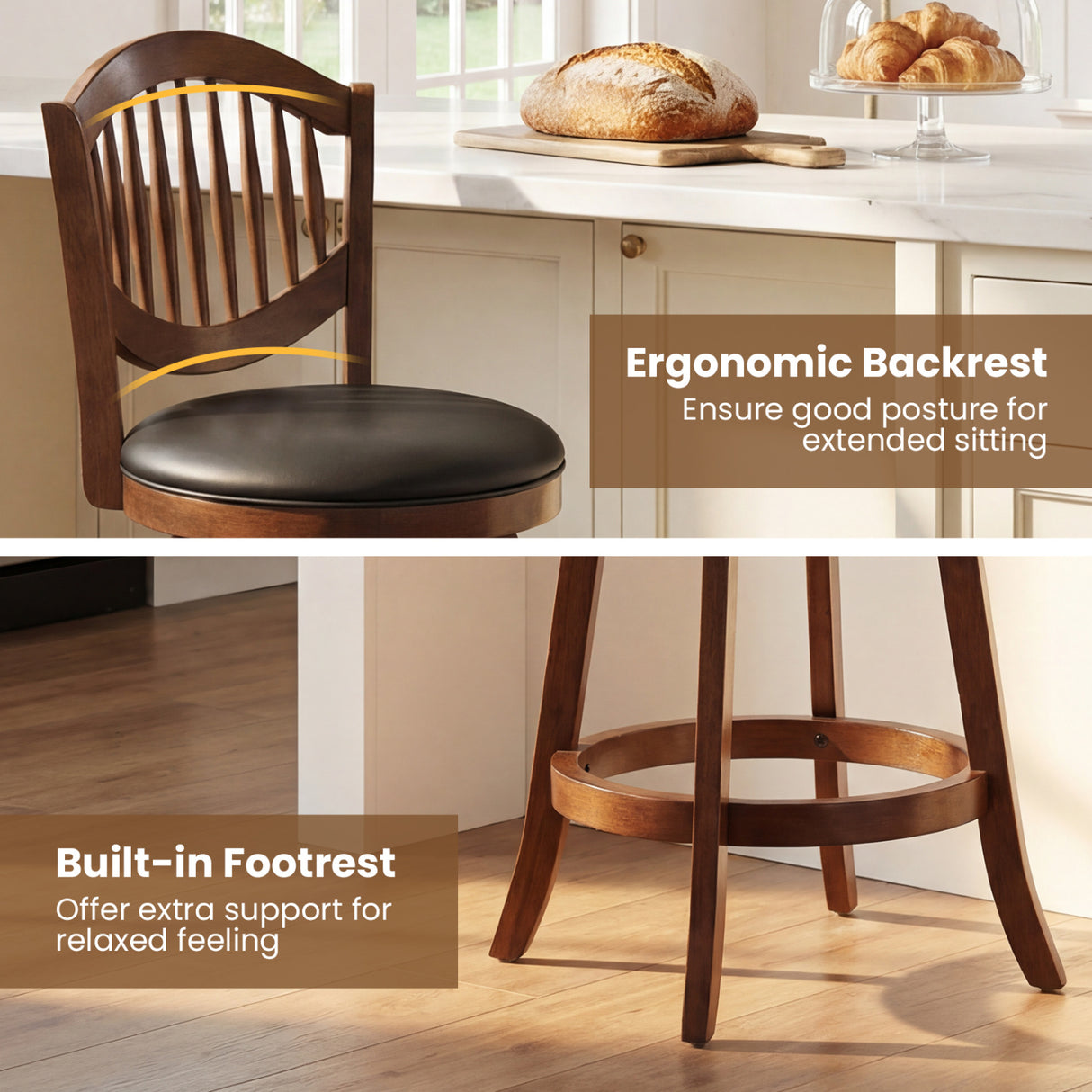 Swivel Bar Stools Set of 2 with Backrest and Wood Frame-25 Inches