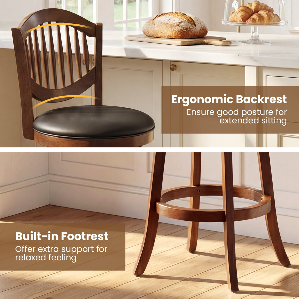 Swivel Bar Stools Set of 2 with Backrest and Wood Frame-30 Inches