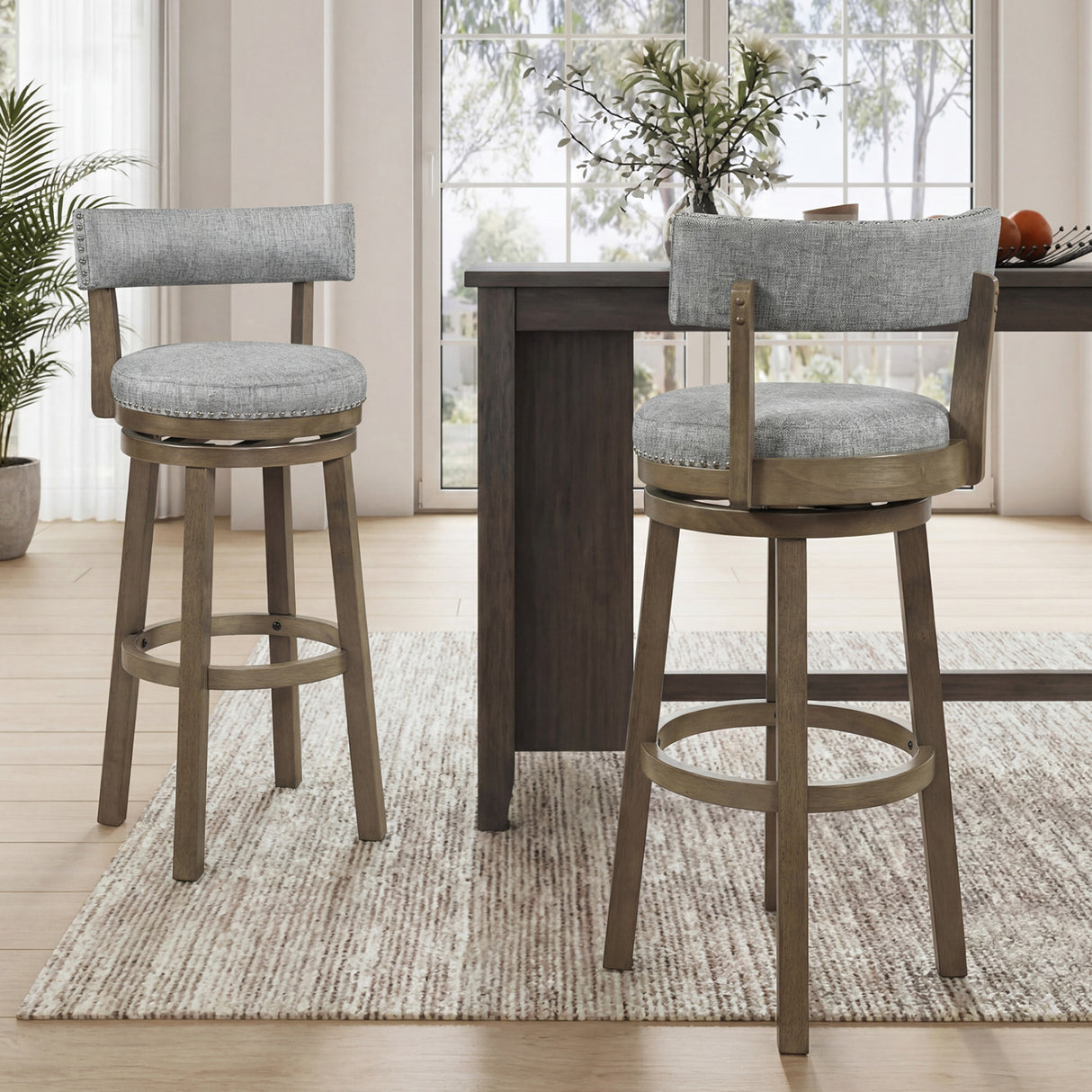 Swivel Bar Stools Set of 2 Linen Fabric Upholstered Barstools with Back-31.5 Inches