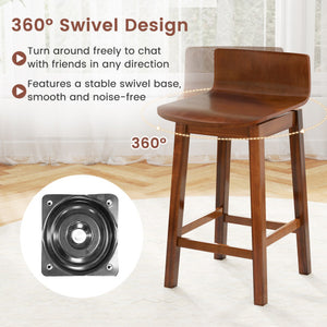 24.5 Inch Swivel Wooden Bar Stools Set of 2 with Rubber Wood Legs and Low Back-Walnut