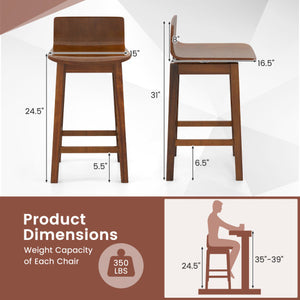 24.5 Inch Swivel Wooden Bar Stools Set of 2 with Rubber Wood Legs and Low Back-Walnut