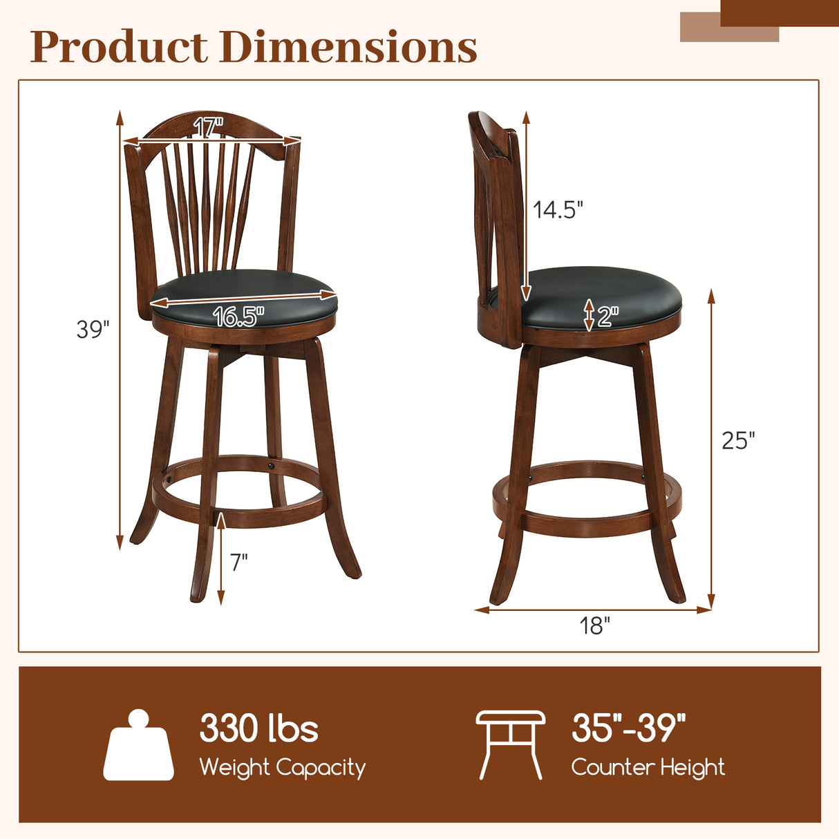 Swivel Bar Stools with Backrests and Wood Frame for Kitchen Island-24 Inch