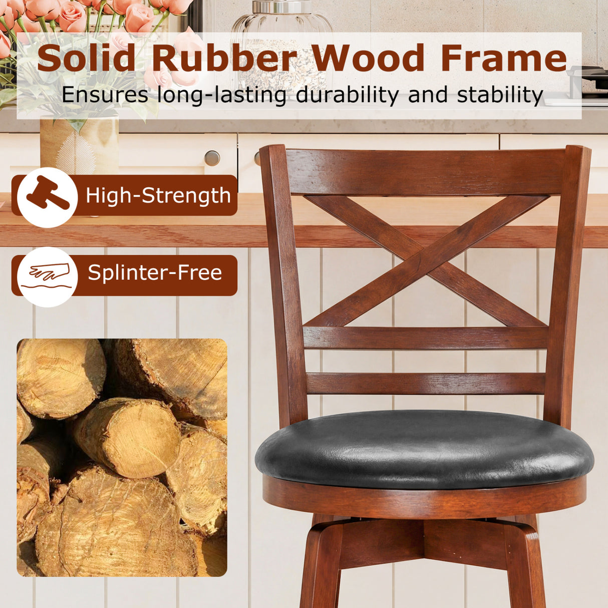 Swivel Barstools Set of 2 with Backrest and Footrest-24 Inches