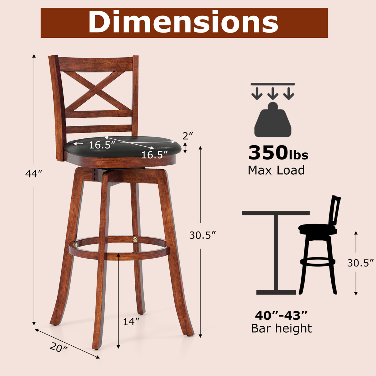 Swivel Barstools Set of 2 with Backrest and Footrest-29 Inches