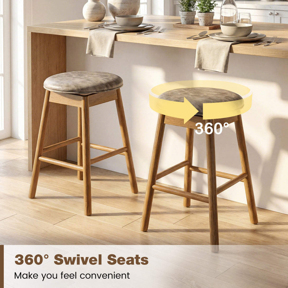 Swivel Counter Height Barstools with Solid Wood Legs and Footrests-Set of 2