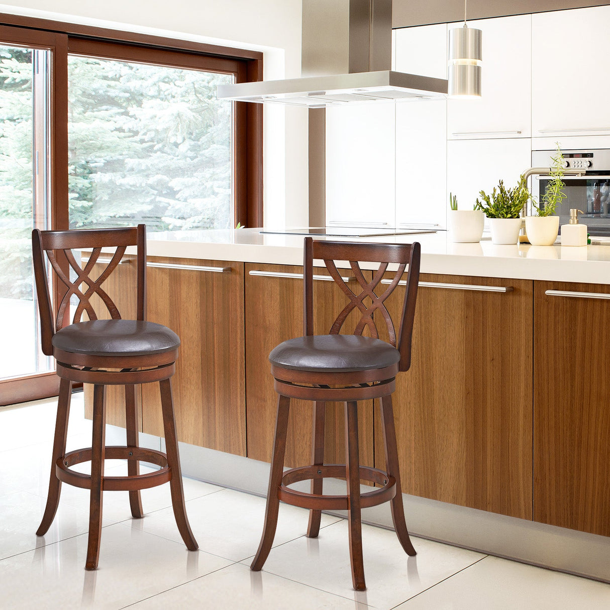 360° Swivel Counter Height Chairs with PU Leather Cushioned Seat and Footrests-30 inches