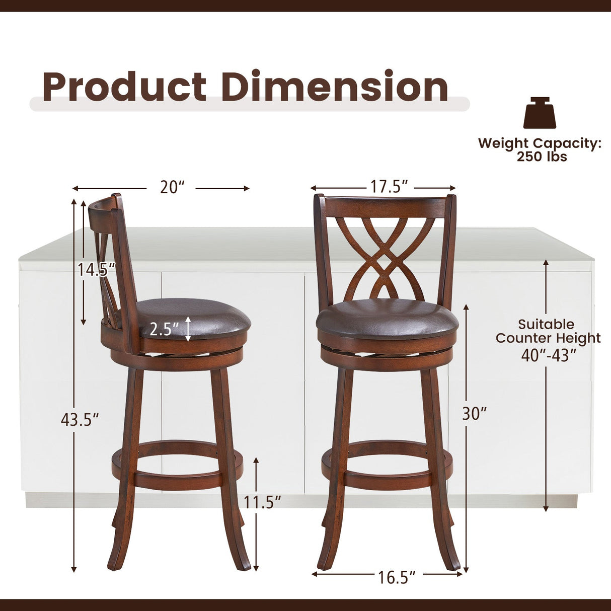 360° Swivel Counter Height Chairs with PU Leather Cushioned Seat and Footrests-30 inches