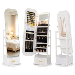 Swivel Jewelry Cabinet with Full-Length Mirror and LED Lights and Storage Shelves-White
