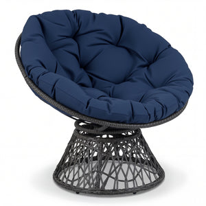 Swivel Papasan Chair Round Wicker Lounge Chair with Thick Cushion-Navy