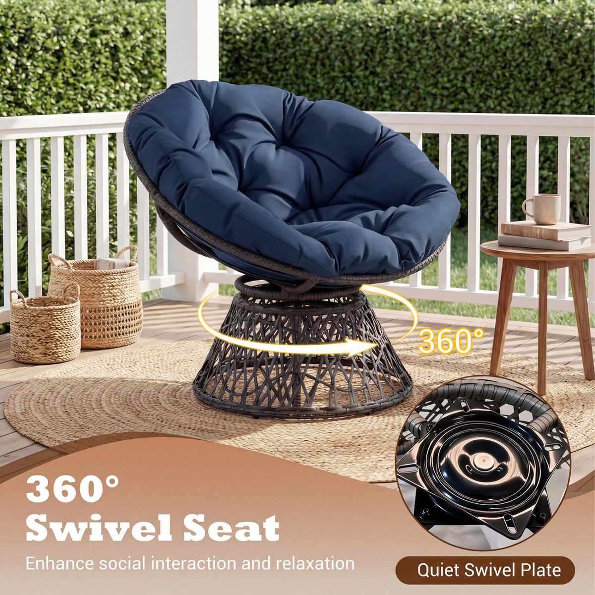 Swivel Papasan Chair Round Wicker Lounge Chair with Thick Cushion-Navy