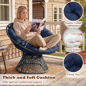 Swivel Papasan Chair Round Wicker Lounge Chair with Thick Cushion-Navy