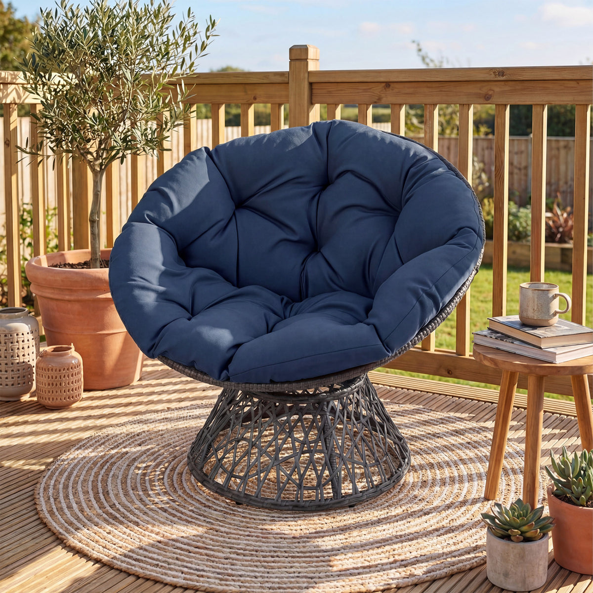 Swivel Papasan Chair Round Wicker Lounge Chair with Thick Cushion-Navy