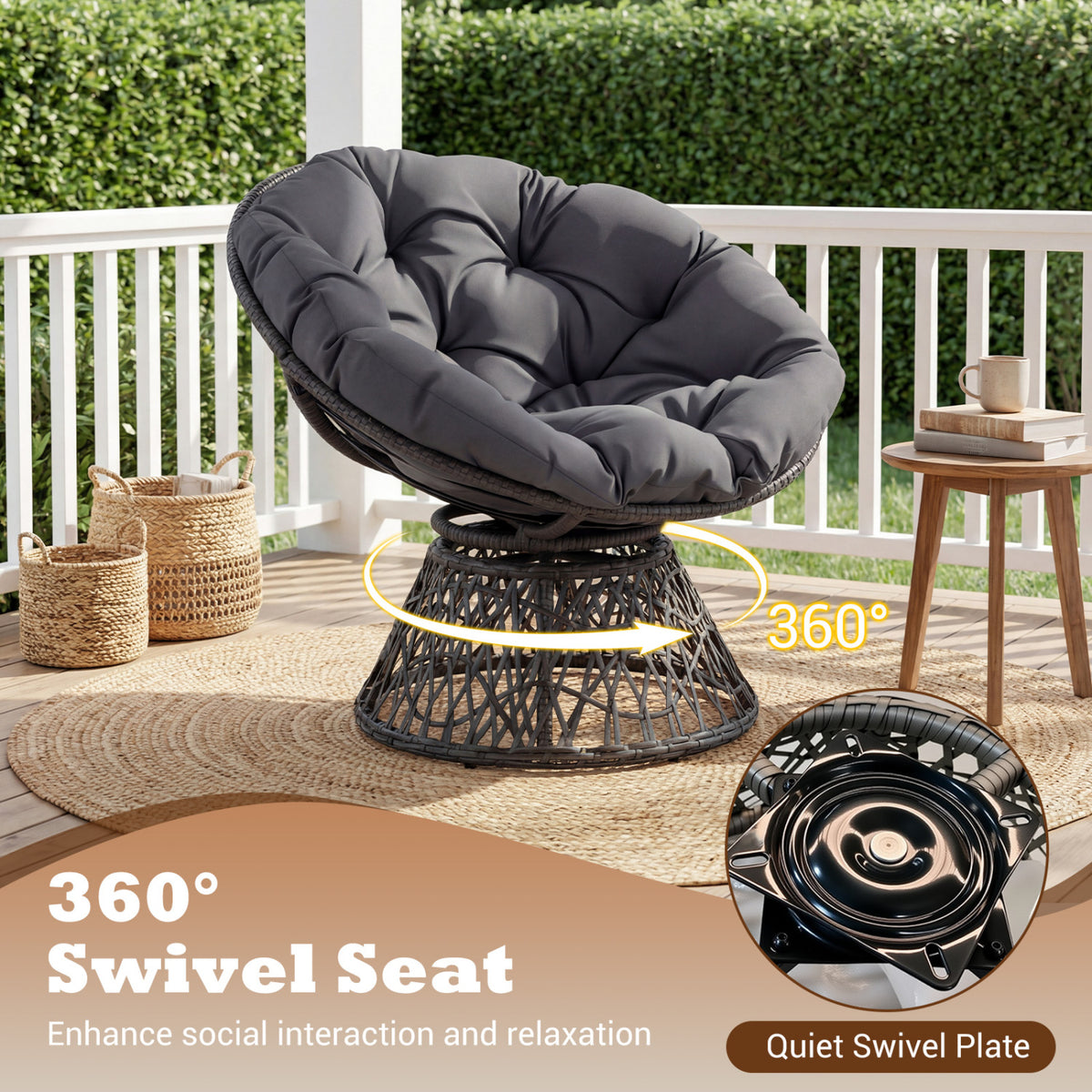 Swivel Papasan Chair Round Wicker Lounge Chair with Thick Cushion-Grey