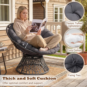 Swivel Papasan Chair Round Wicker Lounge Chair with Thick Cushion-Grey