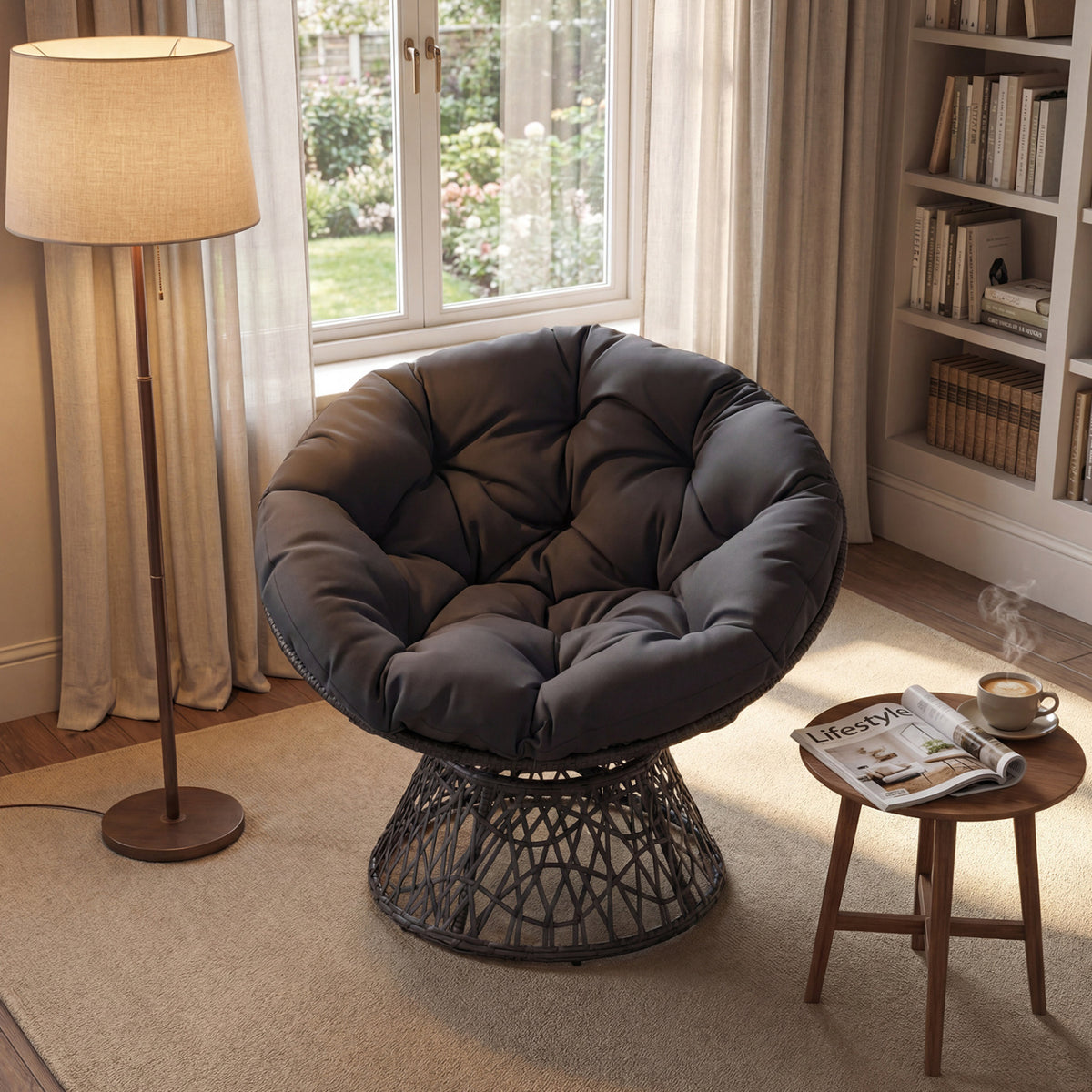 Swivel Papasan Chair Round Wicker Lounge Chair with Thick Cushion-Grey