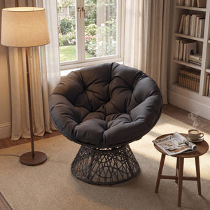 Swivel Papasan Chair Round Wicker Lounge Chair with Thick Cushion-Grey