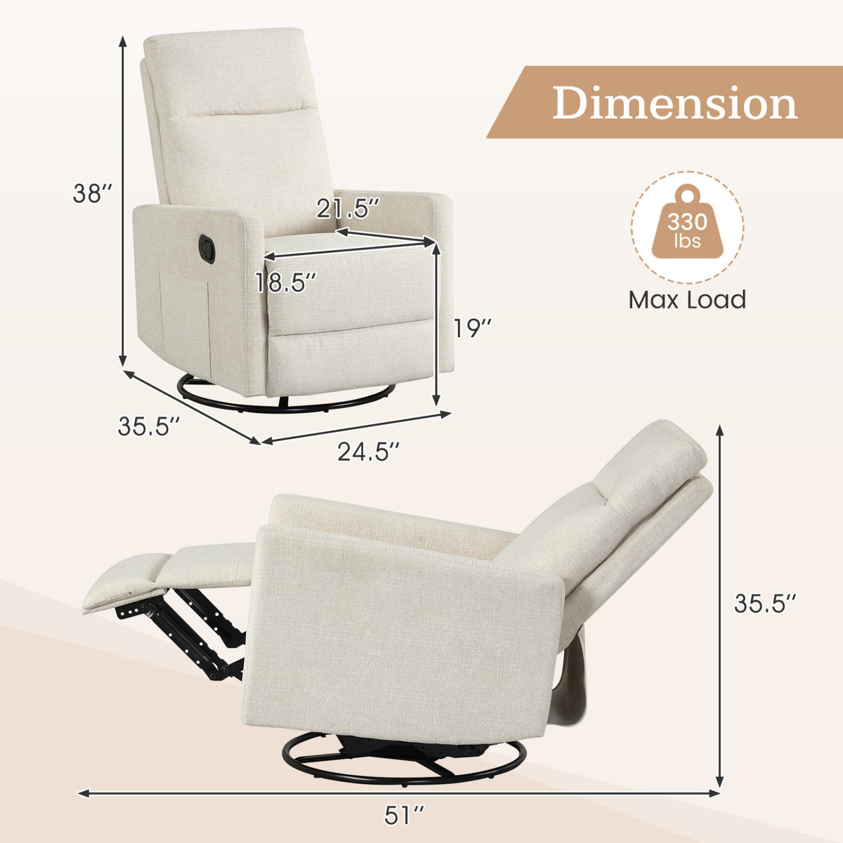 Swivel Rocking Chair 360Â° Nursery Reclining Rocker Armchair with Cushioned Back-Beige