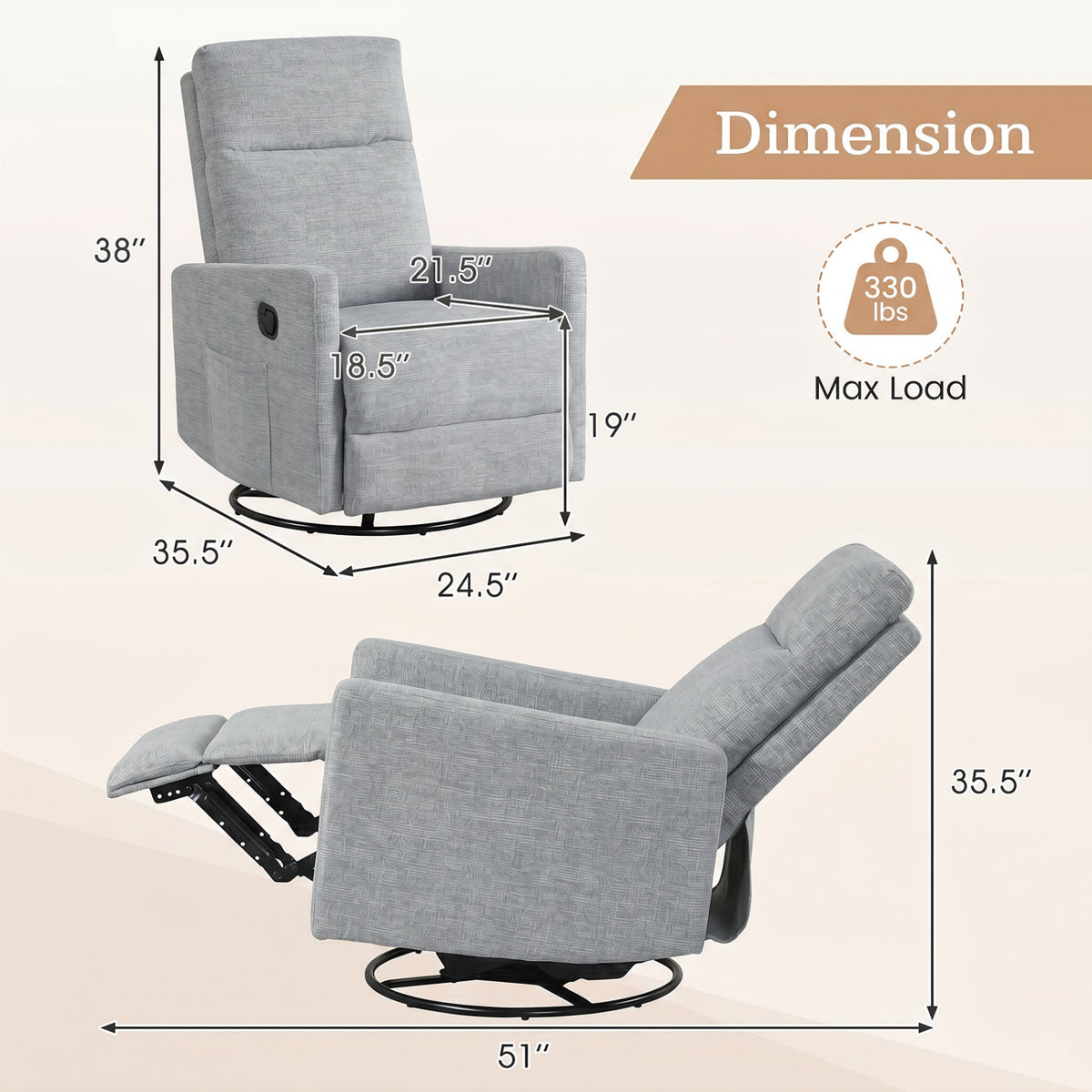 Swivel Rocking Chair 360Â° Nursery Reclining Rocker Armchair with Cushioned Back-Gray