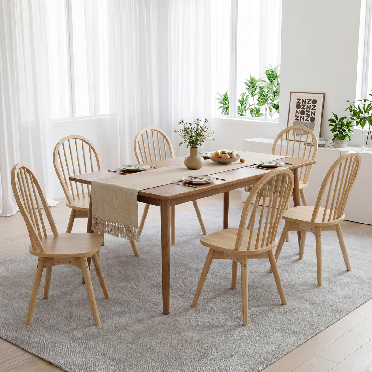 Swivel Windsor Dining Chairs Set of 4 with Solid Rubber Wood Frame-Natural