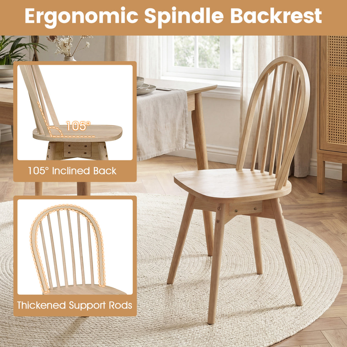 Swivel Windsor Dining Chairs Set of 4 with Solid Rubber Wood Frame-Natural