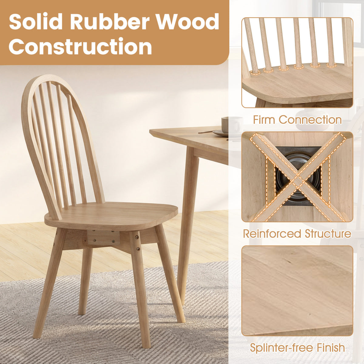 Swivel Windsor Dining Chairs Set of 4 with Solid Rubber Wood Frame-Natural