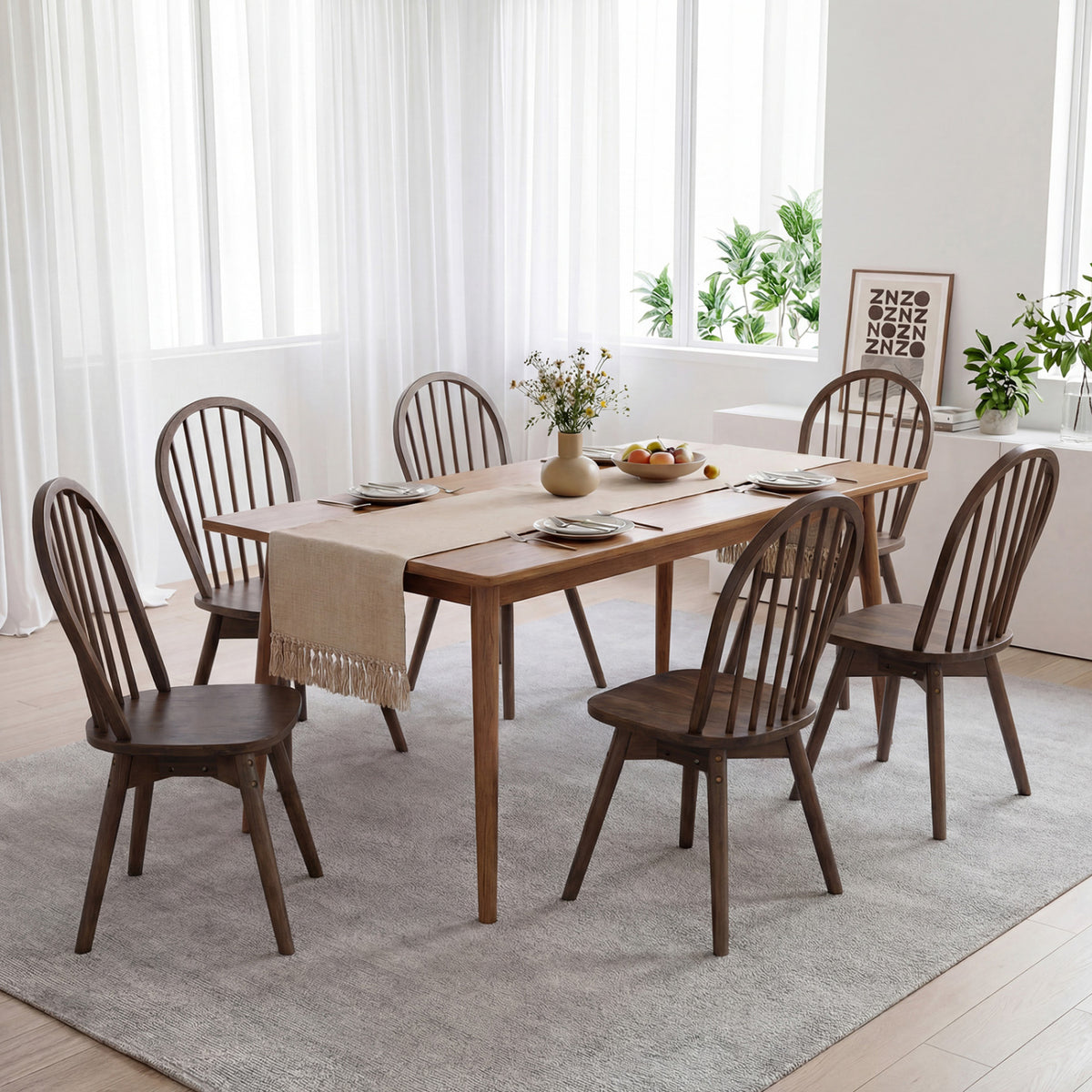 Swivel Windsor Dining Chairs Set of 4 with Solid Rubber Wood Frame-Walnut