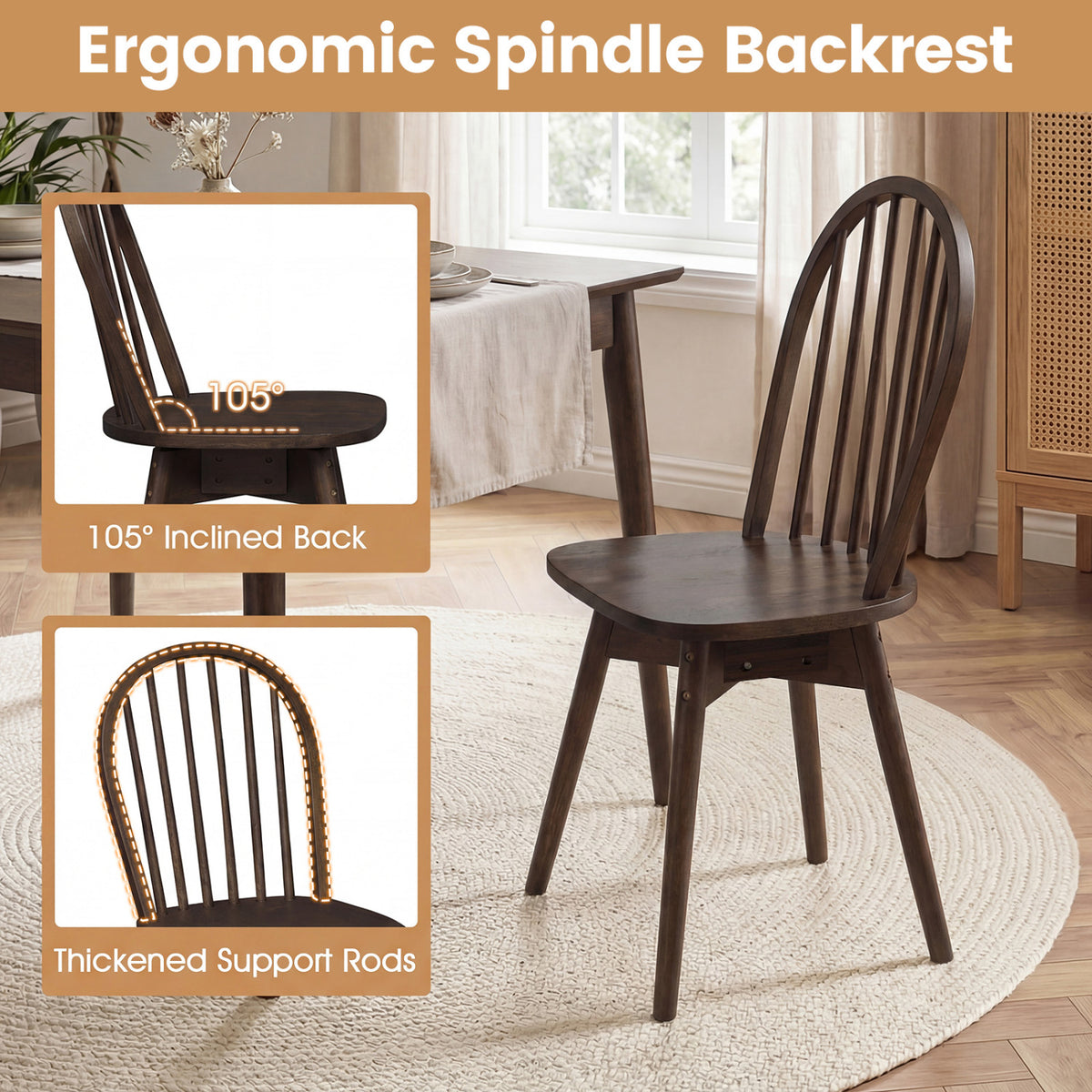 Swivel Windsor Dining Chairs Set of 4 with Solid Rubber Wood Frame-Walnut