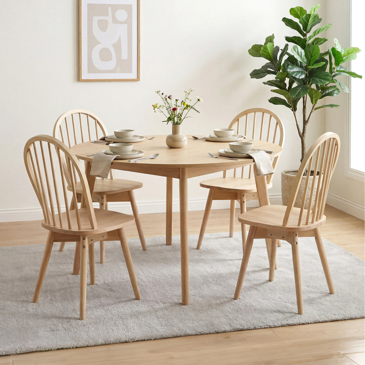 Swivel Windsor Dining Chairs Set of 2 with Solid Rubber Wood Frame-Natural