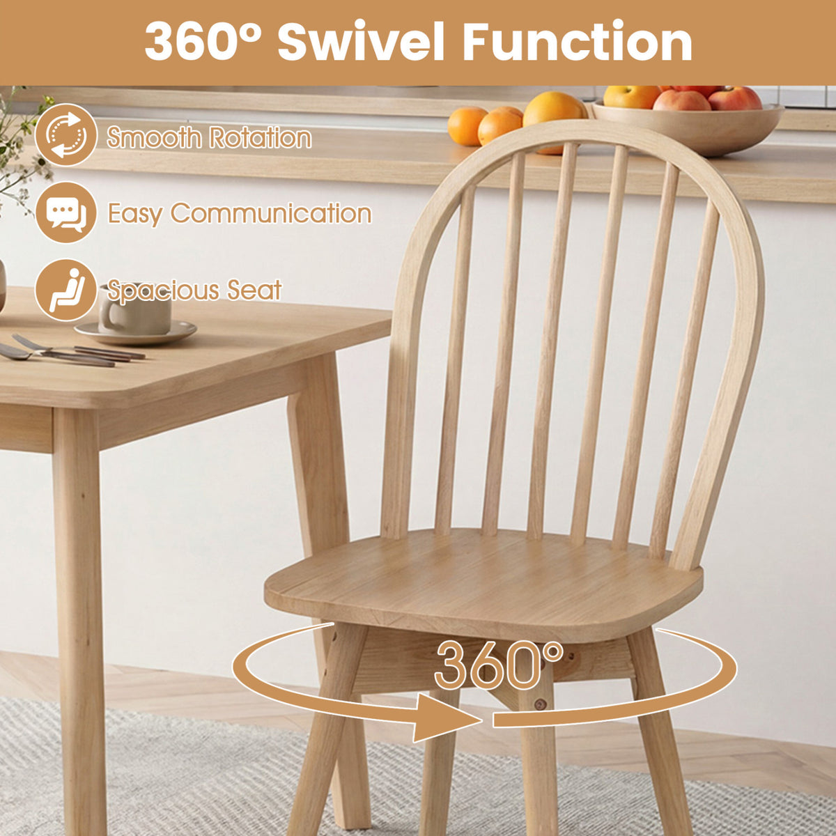 Swivel Windsor Dining Chairs Set of 2 with Solid Rubber Wood Frame-Natural