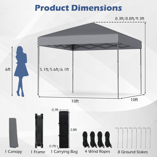 10 X 10 Feet Pop up Canopy Tent with Portable Carrying Bag and 8 Stakes-Gray
