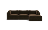 The Tatum Modular 3 Seat Chaise 106" Sectional is a dark brown piece featuring three seat cushions and a chaise lounge on the right. It boasts clean lines and a plush appearance, set against a plain black background.
